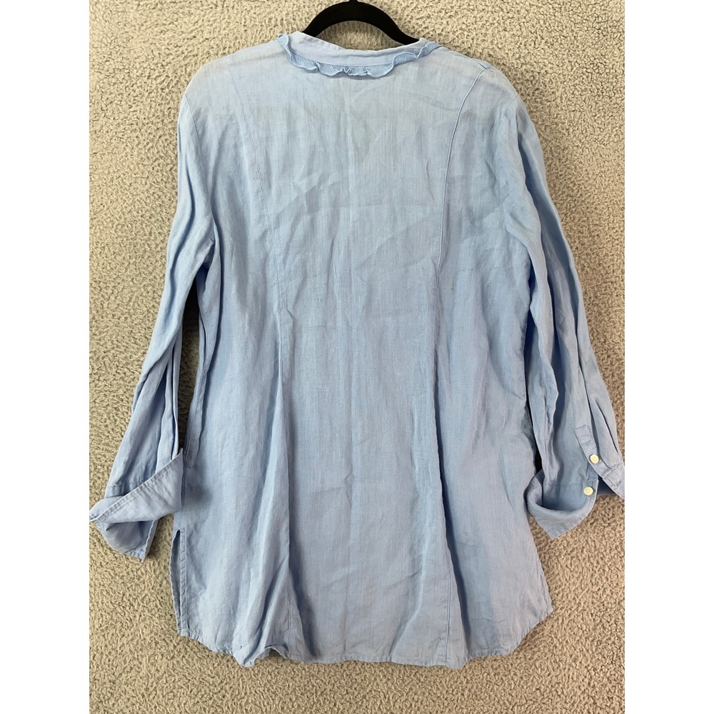 J. Jill Linen Ruffle Button Front Tunic Women Large Blue Long Sleeve Coastal - Picture 9 of 9